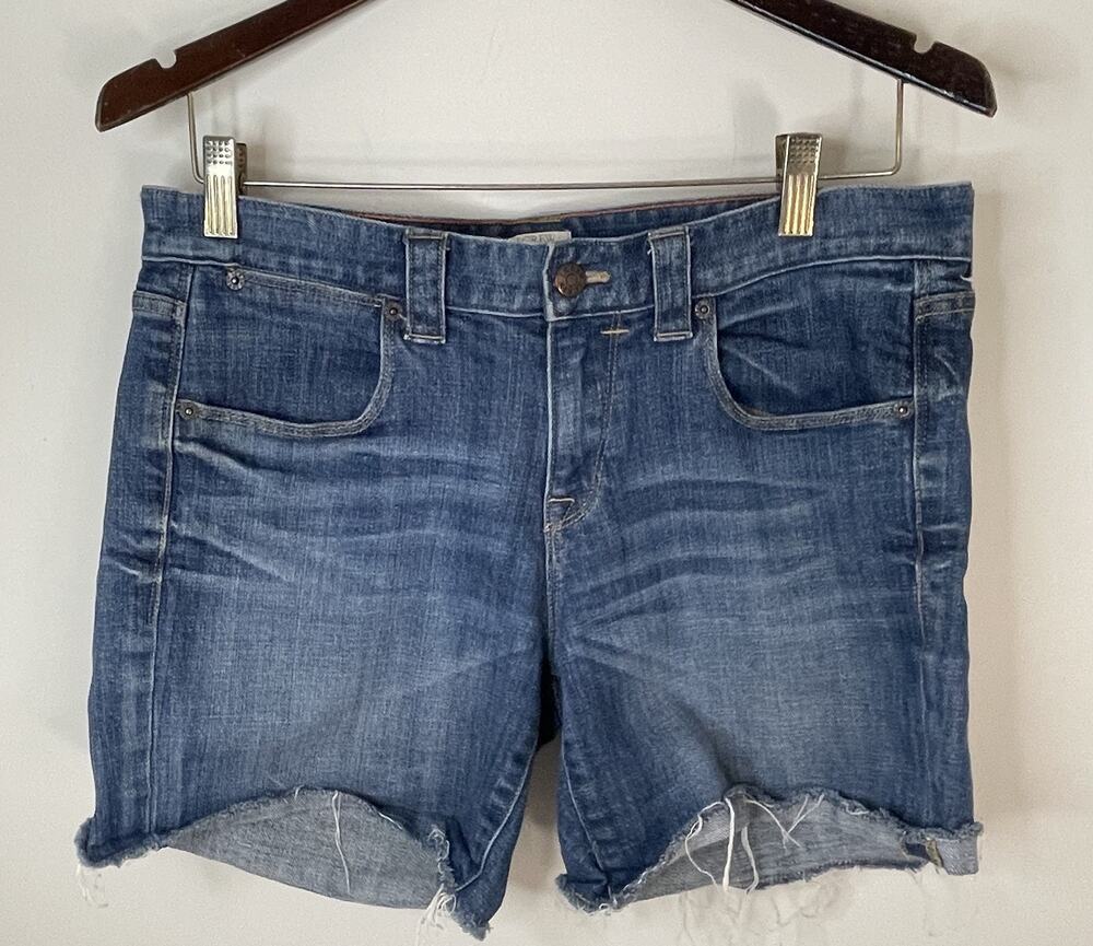 J Crew Blue Denim Short Shorts Raw Hem Cuffed Jean Stretch Sz 6 - Waist 31